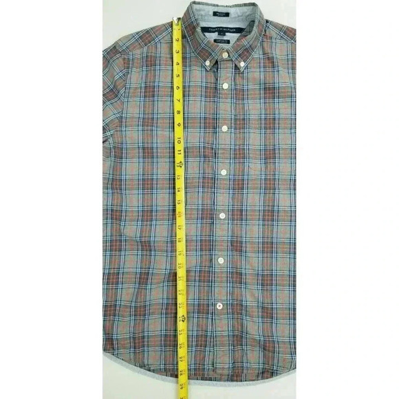 Tommy Hilfiger Custom Fit Melange Size Medium Mens Gray Red Blue Check Cuff Logo - Picture 9 of 11